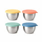 Set of 4 mini stainless steel sauce cups with colorful snap-on lids