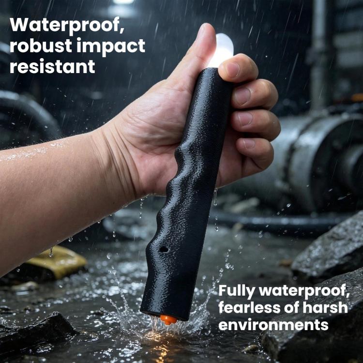 Black LED silicone light tube held with water droplets, orange end light