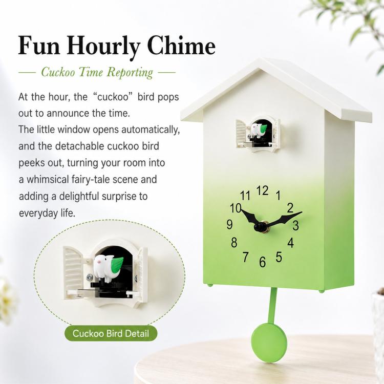 House-shaped wall clock with green gradient face, black hands, and open bird window detail