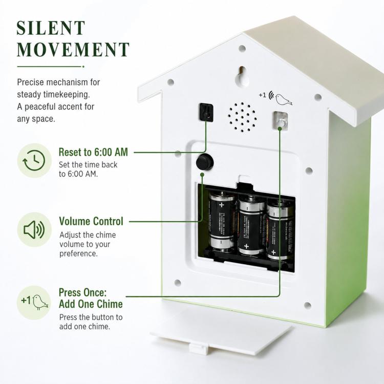 House-shaped wall clock internal mechanism view with chime components and speaker area