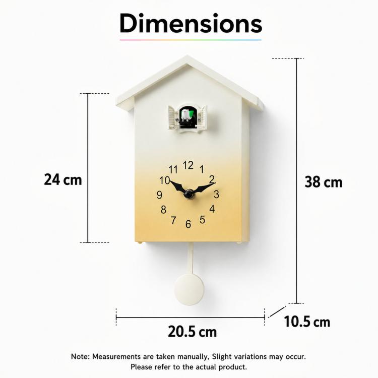 House-shaped wall clock with pendulum ball and bird chime window shown with size lines
