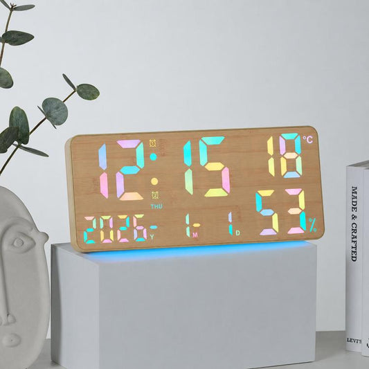 Large Display Digital Wall Clock With Temp Humidity Dual Alarm Desk Clock, GH8070 Woodgrain Fixed White Light, GH8070 Fabric Fixed White Light, GH8071 Woodgrain Color Changing, GH8071 Fabric Color Changing