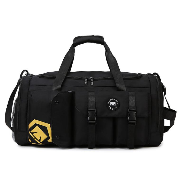 Black gym travel bag with front flap pocket, dual buckle straps, and logo patch.