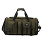 Army green gym travel bag with black straps, front flap pocket, and logo patch.