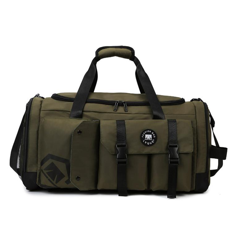 Army green gym travel bag with black straps, front flap pocket, and logo patch.