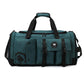 Teal gym travel bag with black straps, front flap pocket, and logo patch.