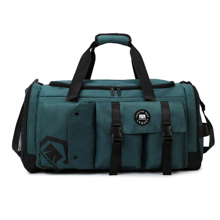 Teal gym travel bag with black straps, front flap pocket, and logo patch.