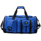 Royal blue gym travel bag with black straps, front flap pocket, and logo patch.