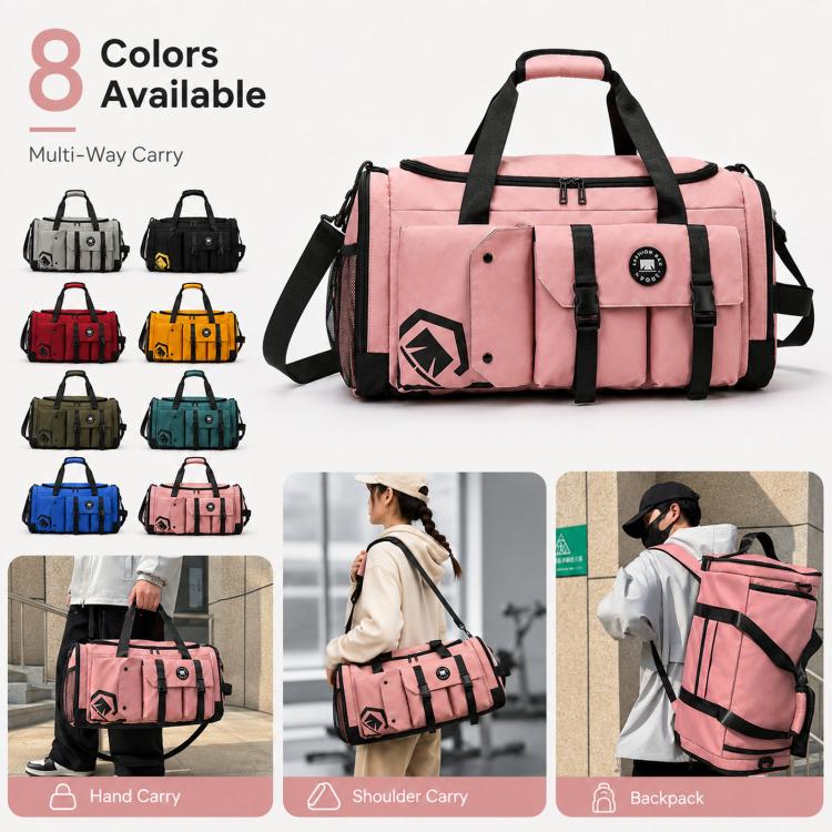 Pink travel duffel bag with front pockets, black straps, and logo patch.