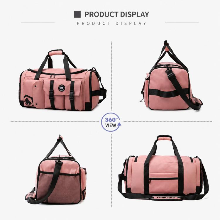 Convertible duffel bag in pink with multiple carry positions and front strap pockets