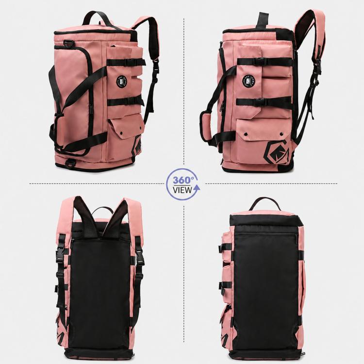 Backpack carry mode of pink convertible gym bag with padded straps and rear panel