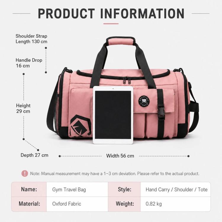 Pink gym travel bag front view with handle and front pocket, black strap system.