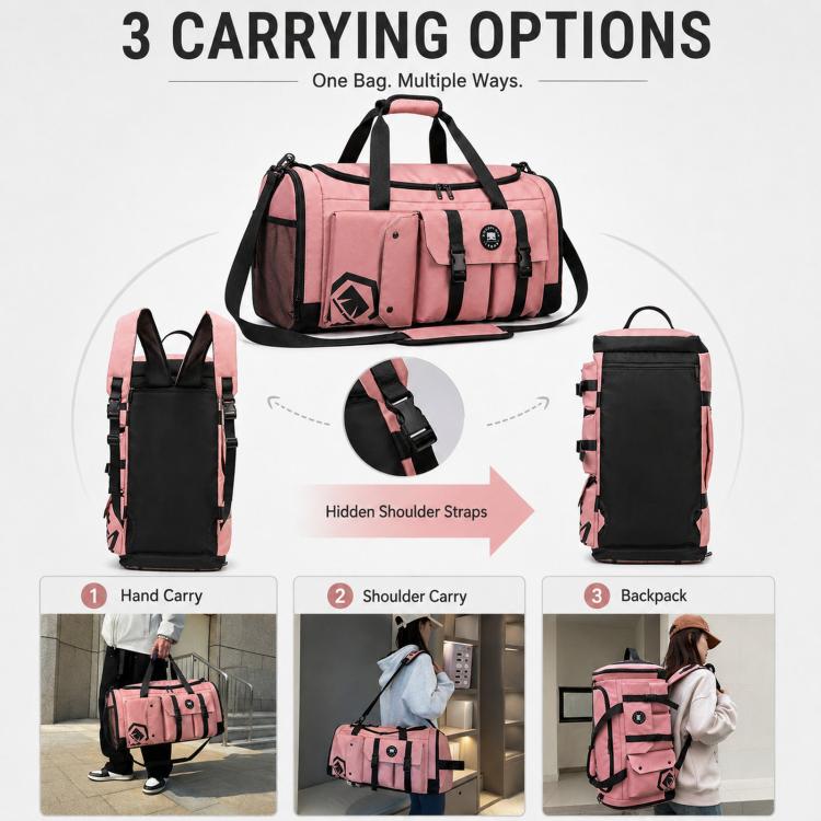 Convertible sports gym bag with black straps, pink body, 3-carry options