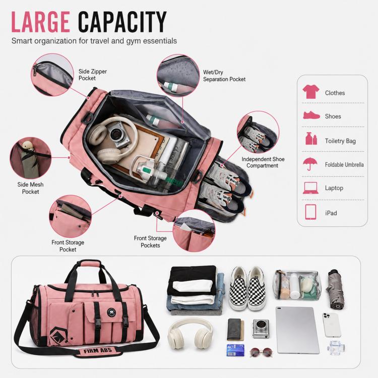 Large capacity gym duffel bag, open interior with shoe compartment and organizer pockets