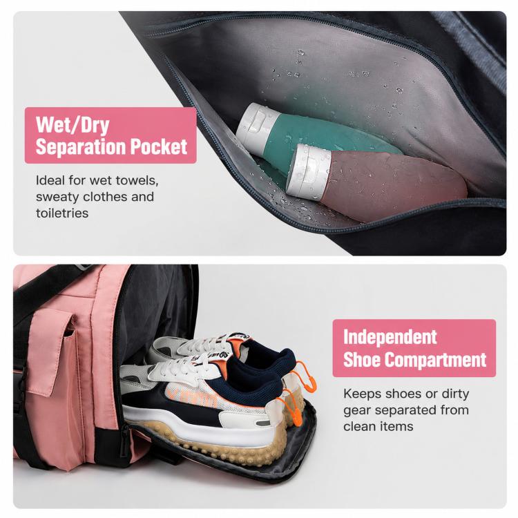 Wet/dry separation pocket and independent shoe compartment in pink gym bag