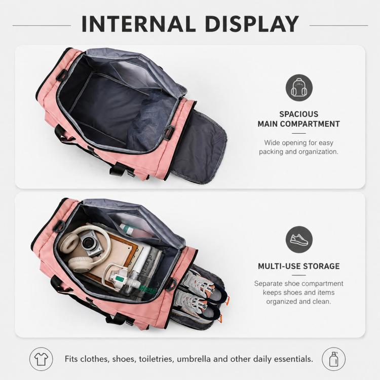 Sports duffel with wide-opening main compartment and multi-use storage section