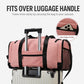 Travel duffel with luggage handle strap and rear zipper pocket on pink bag