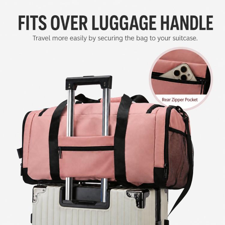 Travel duffel with luggage handle strap and rear zipper pocket on pink bag