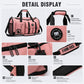Pink gym duffel with padded handles, detachable shoulder strap, and logo patch