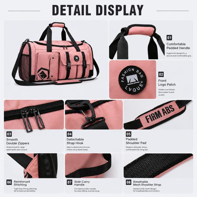 Pink gym duffel with padded handles, detachable shoulder strap, and logo patch
