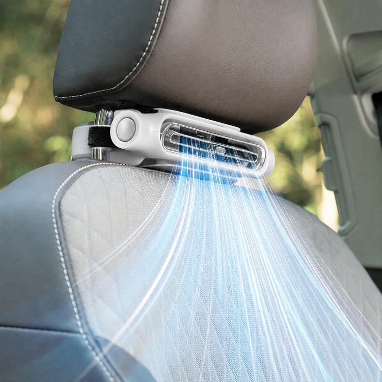White car seat cooling fan with USB power, mounted on headrest, airflow visible