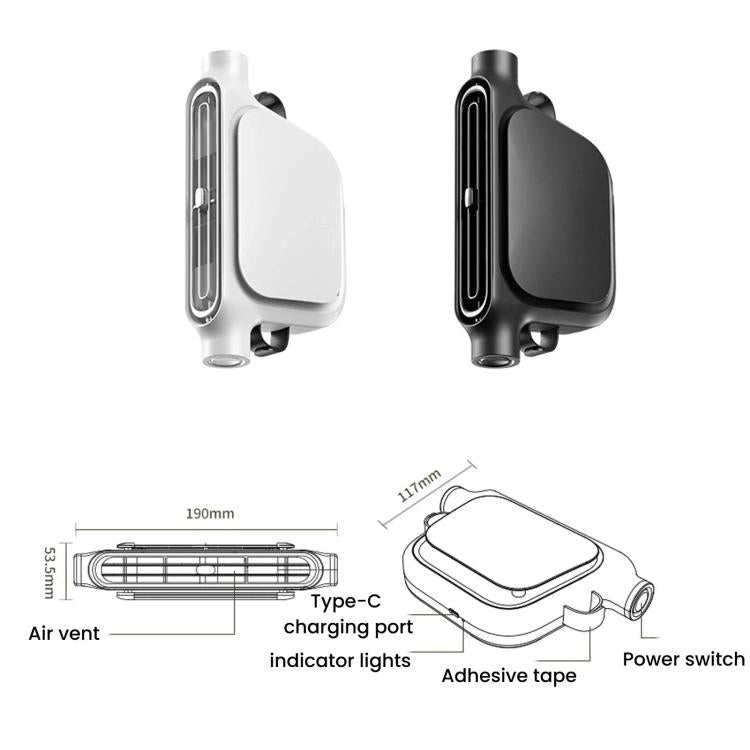 Compact car seat cooling fan, black and white, with side vent grille, Type-C port, power switch