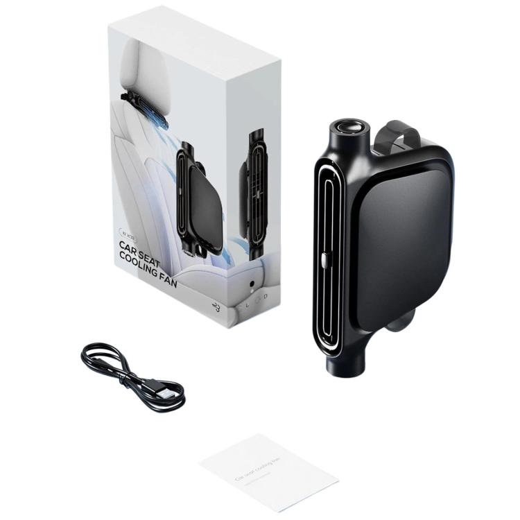 Car seat cooling fan in black with side vent grille, includes USB cable and instruction card