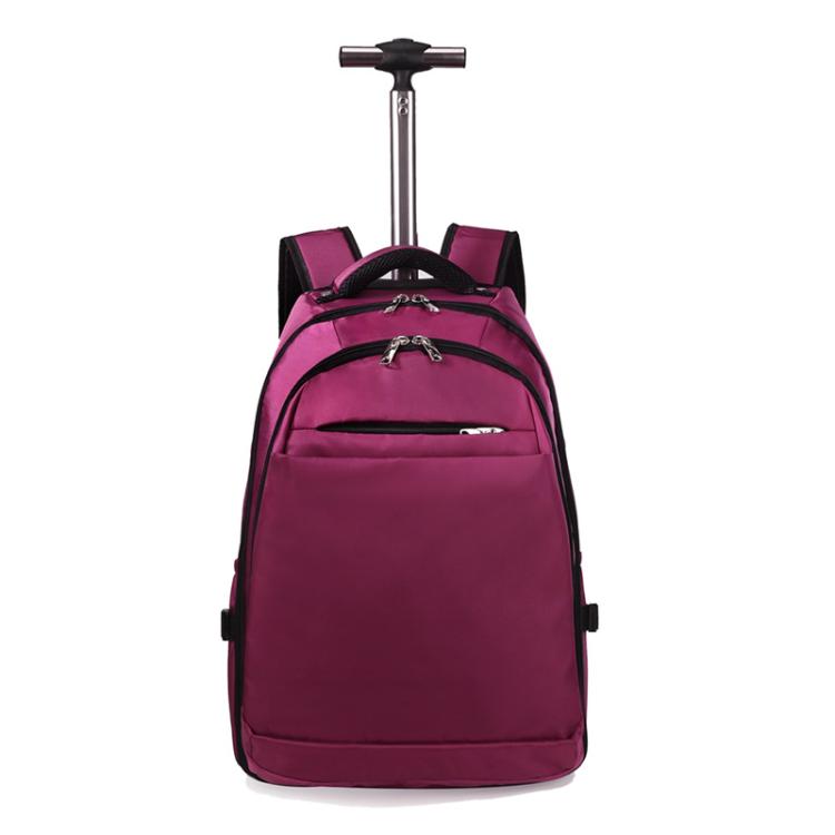 Purple rolling backpack with telescoping trolley handle and top carry handle.