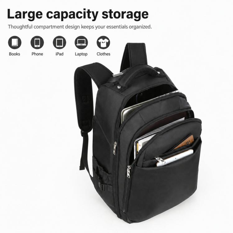 Black rolling backpack with front pocket and padded shoulder-strap design.