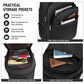 Black rolling backpack with front quick-access pocket and layered interior storage.