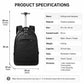 Black rolling travel backpack with telescoping trolley handle and front zip compartment.