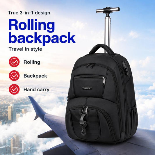 FUGUILAI 18 Inch Rolling Backpack with Combination Lock Convertible Wheeled Laptop Backpack with All-Terrain Quiet Wheels, 8812   Black