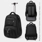 Black rolling laptop backpack shown from front, side, and back with trolley handle