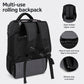 Black rolling backpack with front pocket, hidden wheel area, and adjustable shoulder straps