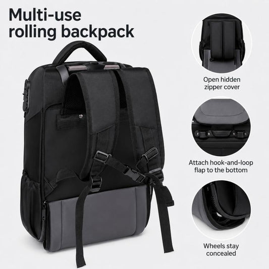 FUGUILAI 18 Inch Rolling Backpack with Combination Lock Convertible Wheeled Laptop Backpack with All-Terrain Quiet Wheels, 8812   Black