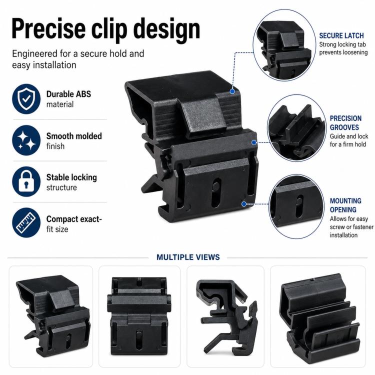 Black molded plastic retaining clip set with latch, guide pins, and mounting opening