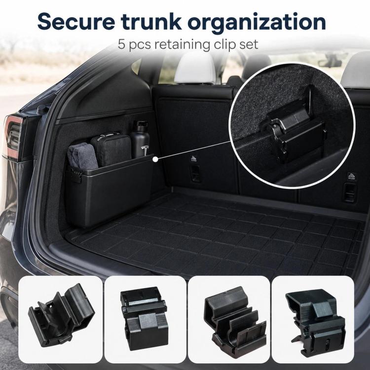 Black trunk storage retaining clip set with clips installed on trunk side panel