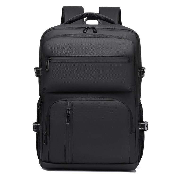 Men's black minimalist laptop backpack with front zip pockets and padded top handle