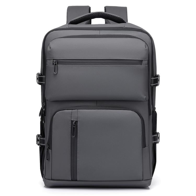 Men's dark gray minimalist laptop backpack with front zip panel and padded shoulder straps