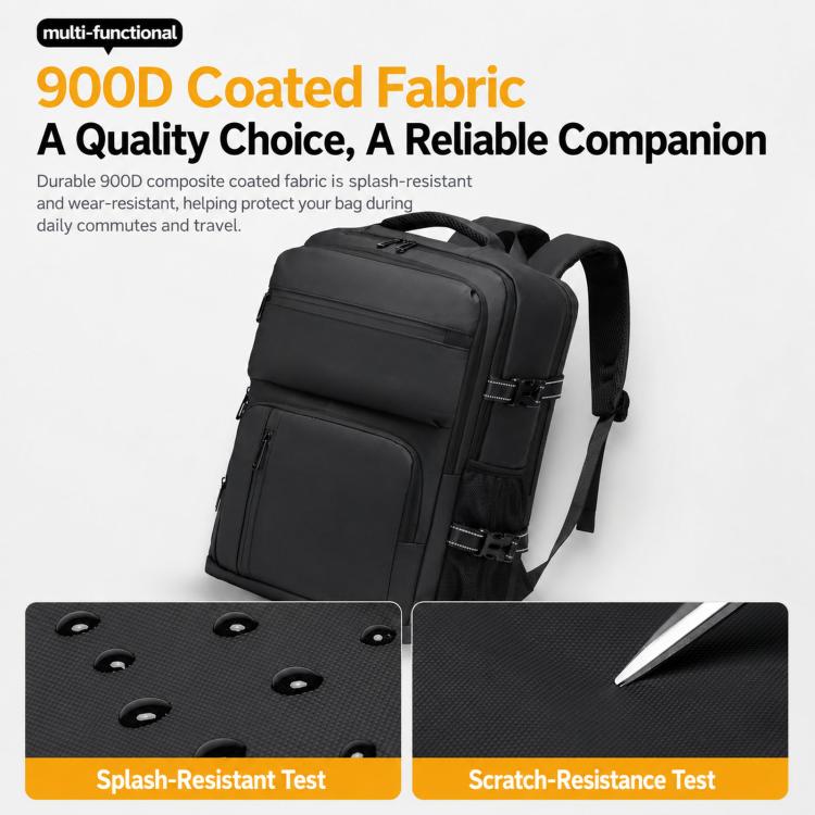 Men's black laptop backpack with smooth coated exterior and zip front pocket