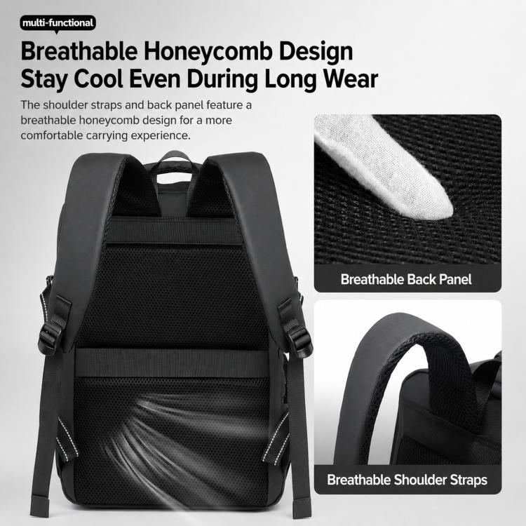 Men's black laptop backpack with honeycomb back panel and padded adjustable shoulder straps
