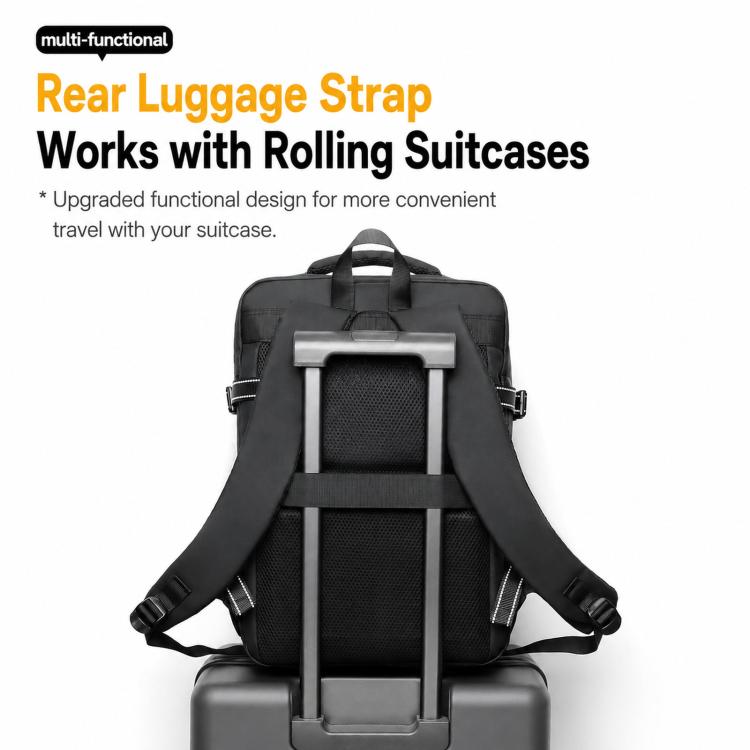 Men's black laptop backpack with rear luggage strap and padded adjustable shoulder straps