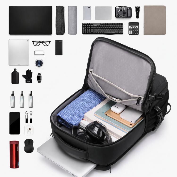 WEIXIRE B929 backpack open to show padded inner compartments and device sleeves.