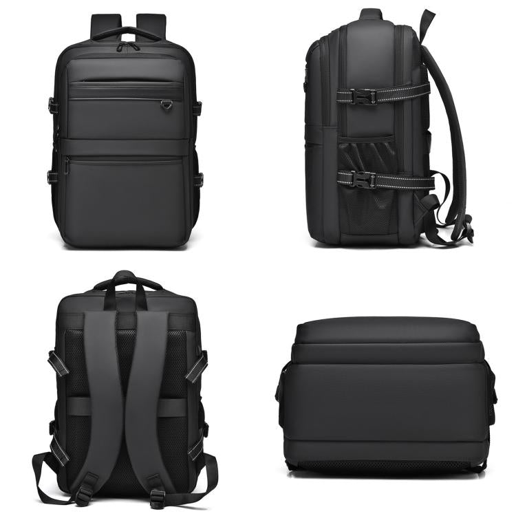 Black laptop backpack shown front, back, side, and top with multiple zip compartments