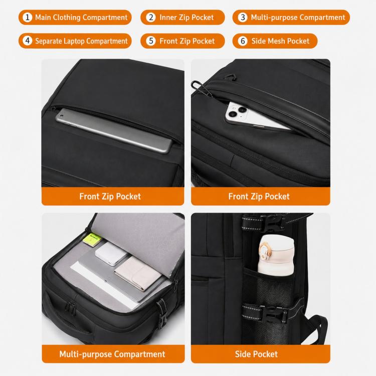 WEIXIRE B929 backpack interior organizer with laptop sleeve and front zip pockets.