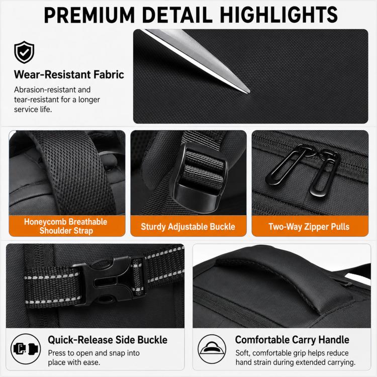 WEIXIRE B929 backpack close-up: honeycomb fabric, buckles, and two-way zipper pulls.