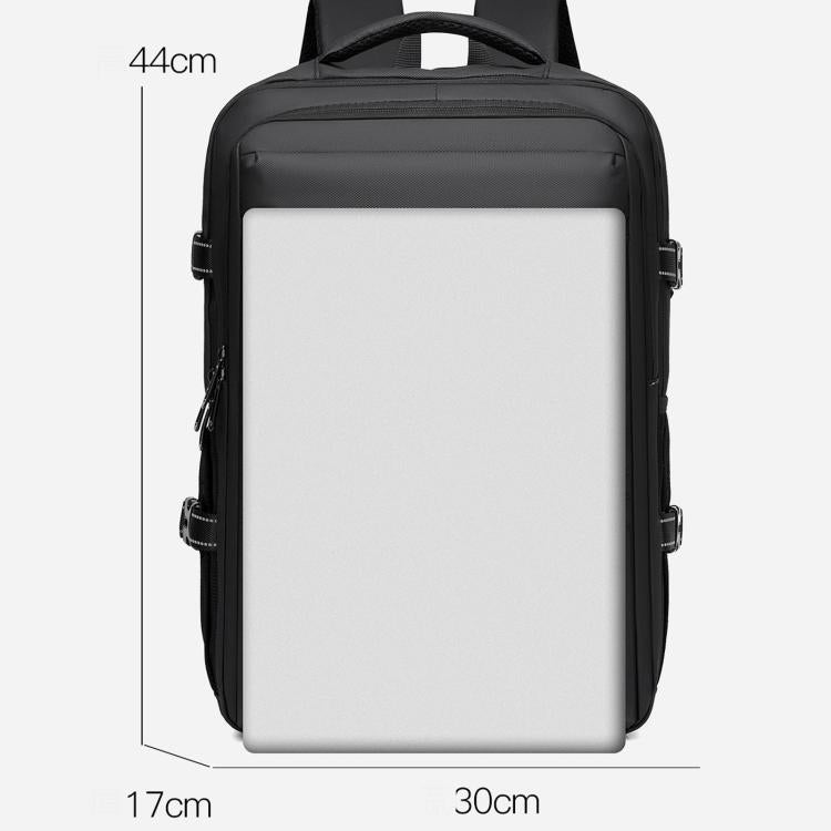 Men's black waterproof laptop backpack with rectangular front and side zip pockets