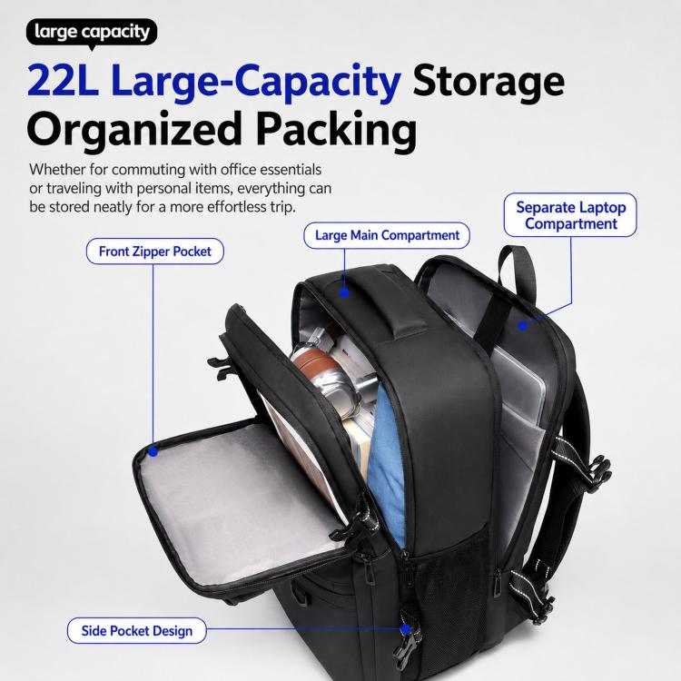 Men's black waterproof laptop backpack opened, showing padded laptop sleeve and organizer