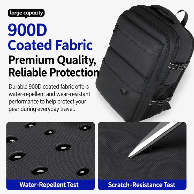 Men's black waterproof backpack with textured, coated fabric exterior