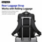 Men's black waterproof laptop backpack with rear luggage strap for rolling suitcase handle